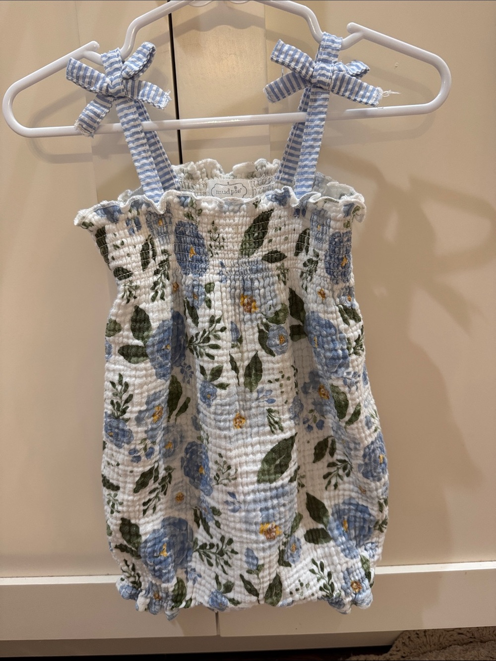 Mud Pie White & Blue Floral Smocked Bubble Romper with Gingham Straps
